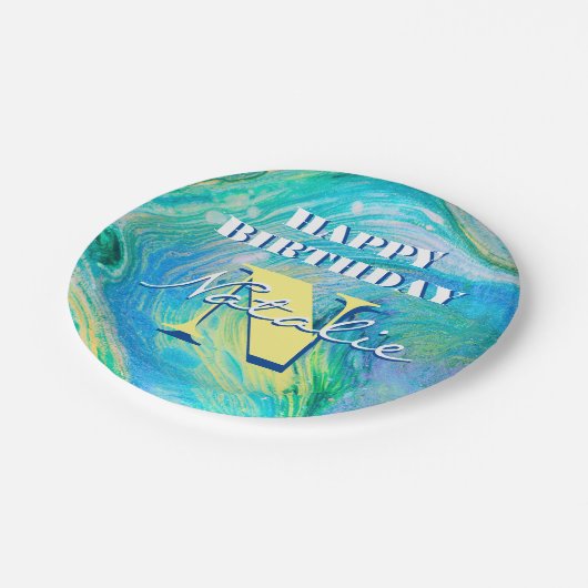 Aqua Blue Acrylic Flow Art Papieren Bordje (Gekanteld)