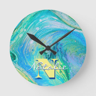 Aqua Blue Acrylic Flow Art Ronde Klok