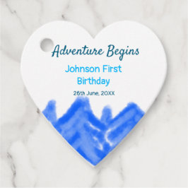 Aqua blue Adventure begint 1e verjaardag berg d Bedankjes Labels