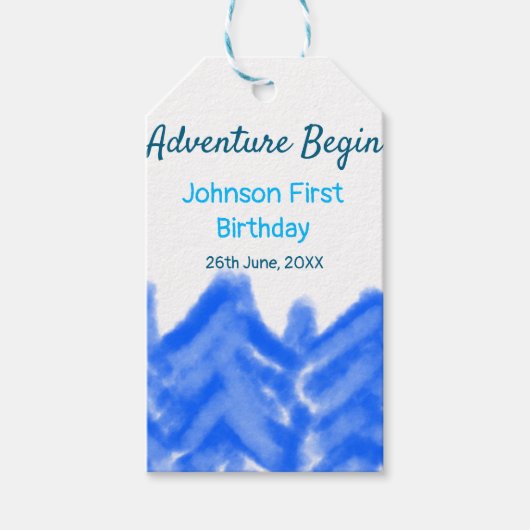 Aqua blue Adventure begint 1e verjaardag berg d Cadeaulabel (Voorkant)