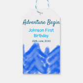 Aqua blue Adventure begint 1e verjaardag berg d Cadeaulabel (Achterkant)