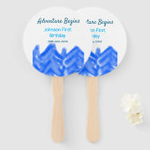 Aqua blue Adventure begint 1e verjaardag berg d Handwaaier (Voorkant en achterkant)