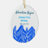 Aqua blue Adventure begint 1e verjaardag berg d Keramisch Ornament (Rechts)