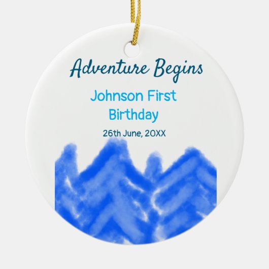 Aqua blue Adventure begint 1e verjaardag berg d Keramisch Ornament (Voorkant)