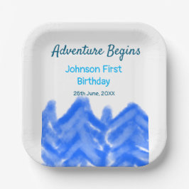 Aqua blue Adventure begint 1e verjaardag berg d Papieren Bordje