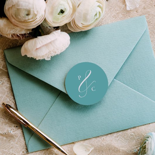 Aqua Blue Ampersand Monogram Envelope Seals Ronde Sticker