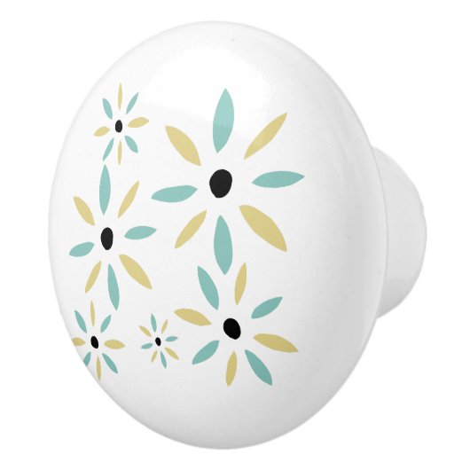 Aqua Blue And Yellow Mid Century Flowers Keramische Knop (Rechts)