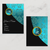 AQUA BLUE AQUAMARINE DAMASK MONOGRAM turquase, Bla Visitekaartje (Voorkant / Achterkant)