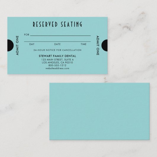Aqua Blue Art Deco Gereserveerde Zitplaatsen Tanda Afsprakenkaartje (Voorkant / Achterkant)
