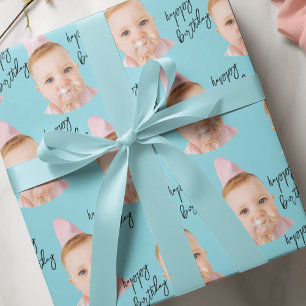 Aqua Blue Baby Face Verjaardag   Aangepaste foto Cadeaupapier