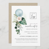 Aqua Blue Balloon Flora Logo Grand Opening Invite Bedankkaart (Voorkant / Achterkant)