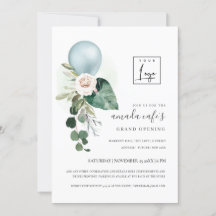 Aqua Blue Balloon Flora Logo Grand Opening Invite