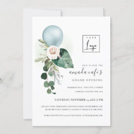 Aqua Blue Balloon Flora Logo Grand Opening Invite Bedankkaart