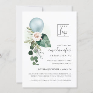 Aqua Blue Balloon Flora Logo Grand Opening Invite Bedankkaart