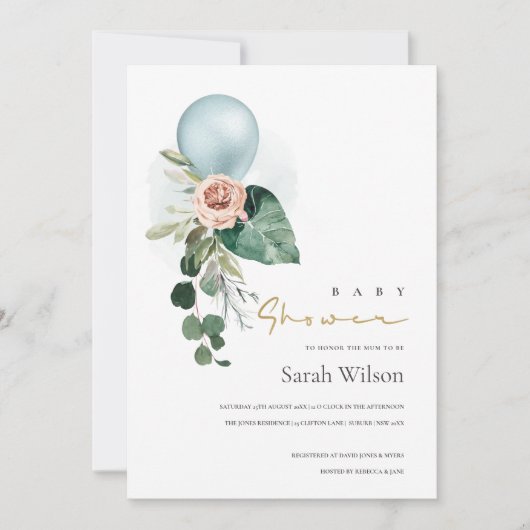 AQUA BLUE BALLOON FLORAL BUNCH BABY SHOWER INVITE BEDANKKAART (Voorkant)