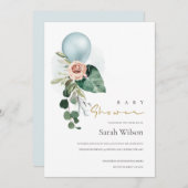 AQUA BLUE BALLOON FLORAL BUNCH BABY SHOWER INVITE BEDANKKAART (Voorkant / Achterkant)