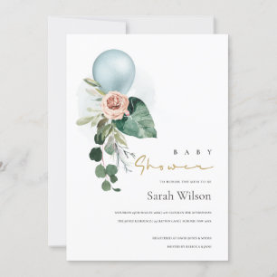 AQUA BLUE BALLOON FLORAL BUNCH BABY SHOWER INVITE BEDANKKAART