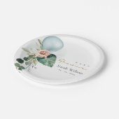 AQUA BLUE BALLOON PEACH FLORAL BUNCH BABY SHOWER PAPIEREN BORDJE (Gekanteld)