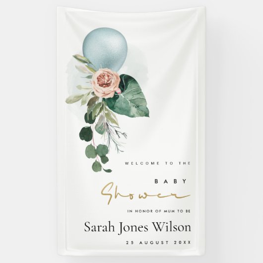 AQUA BLUE BALLOON PEACH FLORAL BUNCH BABY SHOWER SPANDOEK (Verticaal)