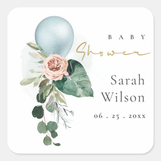 AQUA BLUE BALLOON PEACH FLORAL BUNCH BABY SHOWER VIERKANTE STICKER (Voorkant)