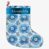 Aqua Blue Batik Floral Kerstnaam Grote Kerstsok (Voorkant)