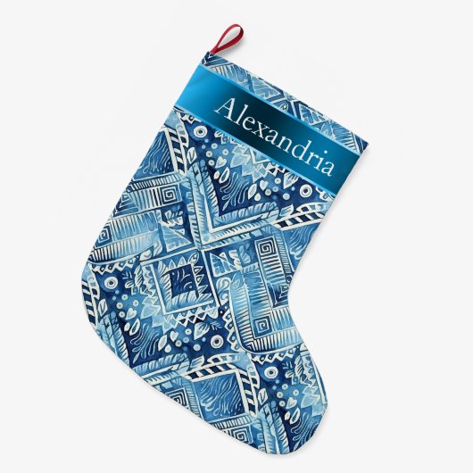 Aqua Blue Batik Kerstnaam Grote Kerstsok (Voorkant (Hangend))