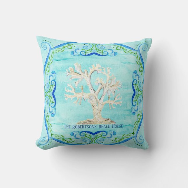 Aqua Blue Beach House Home Decor Koraal Scrollwork Kussen (Voorkant)