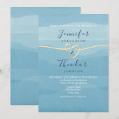 Aqua Blue Beach huwelijksuitnodiging met Gold Hear Kaart (Voorkant / Achterkant)