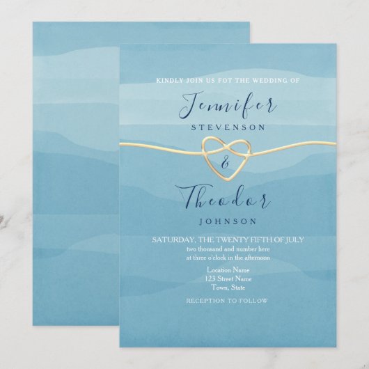 Aqua Blue Beach huwelijksuitnodiging met Gold Hear Kaart (Voorkant / Achterkant)