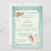 Aqua Blue Beach Ocean Shell Zand Faux Goud Bruilof Kaart (Voorkant)