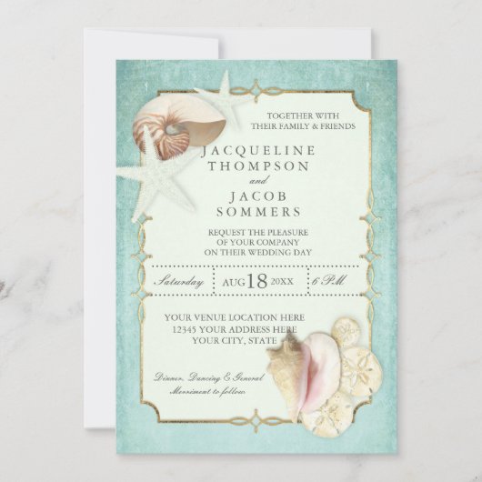 Aqua Blue Beach Ocean Shell Zand Faux Goud Bruilof Kaart (Voorkant)