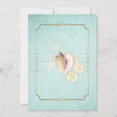 Aqua Blue Beach Ocean Shell Zand Faux Goud Bruilof Kaart (Achterkant)