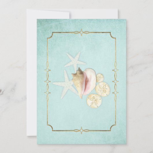 Aqua Blue Beach Ocean Shell Zand Faux Goud Bruilof Kaart (Achterkant)