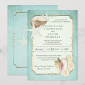 Aqua Blue Beach Ocean Shell Zand Faux Goud Bruilof Kaart (Voorkant / Achterkant)