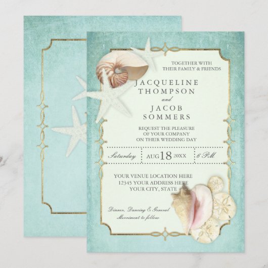 Aqua Blue Beach Ocean Shell Zand Faux Goud Bruilof Kaart (Voorkant / Achterkant)