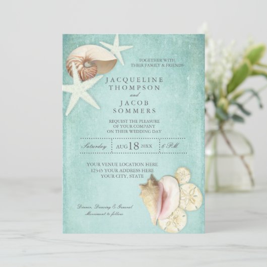 Aqua Blue Beach Ocean Shell Zand Seashells Wedding Kaart (Staand voorkant)