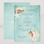 Aqua Blue Beach Ocean Shell Zand Seashells Wedding Kaart (Voorkant / Achterkant)