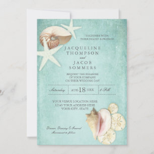 Aqua Blue Beach Ocean Shell Zand Seashells Wedding Kaart