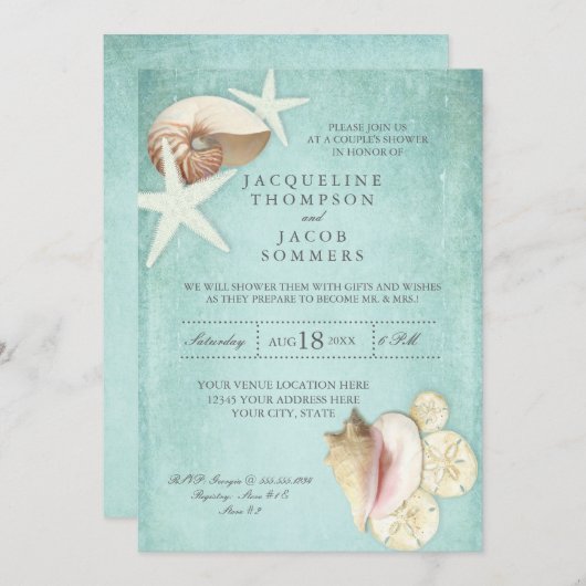 Aqua Blue Beach Ocean Shell Zandparen Douche Kaart (Voorkant / Achterkant)