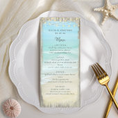 Aqua Blue Beach Rustic Wood String Lights Wedding Menu