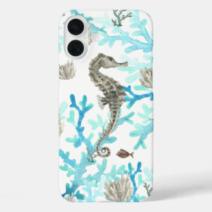 Aqua Blue Beige Coral en Seahorse Sealife iPhone 16 Plus Hoesje