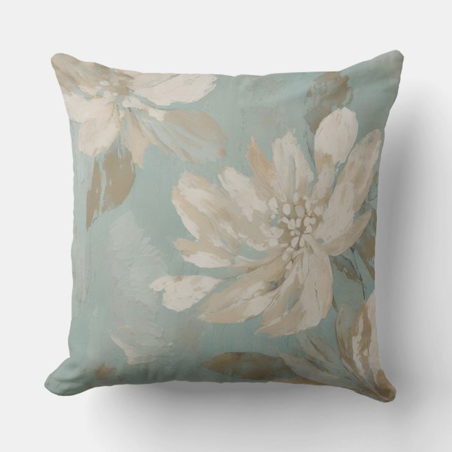 Aqua Blue Beige Cream Abstract Bloemen Kussen (Voorkant)