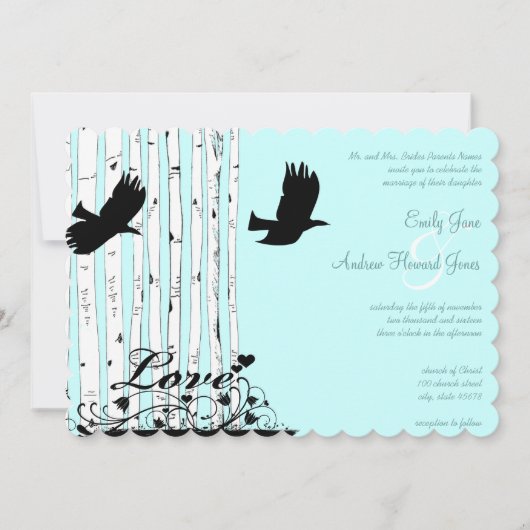 Aqua Blue Birch Tree Love Bird Wedding Invitting Kaart (Voorkant)