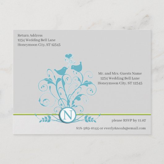 Aqua Blue Birds Hearts bruiloft uitnodiging Briefk (Achterkant)