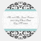Aqua Blue Black Damask Adres Weddenschappen Ronde Sticker (Voorkant)