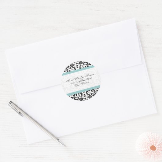 Aqua Blue Black Damask Adres Weddenschappen Ronde Sticker (Envelop)
