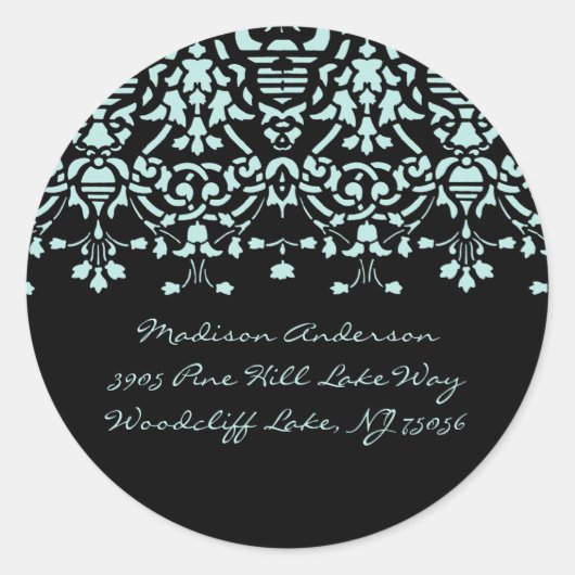 Aqua Blue & Black Damask Adreslabel Sticker (Voorkant)