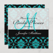 Aqua Blue Black Damask Bridal Shower Kaart (Voorkant / Achterkant)