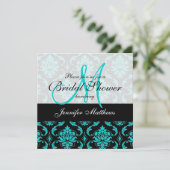 Aqua Blue Black Damask Bridal Shower Kaart (Staand voorkant)