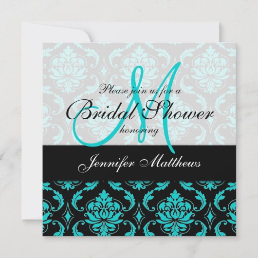 Aqua Blue Black Damask Bridal Shower Kaart (Voorkant)